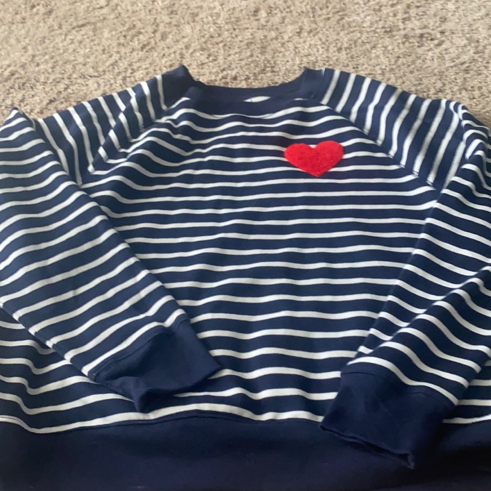 Blue and white striped sweatshirt with red heart